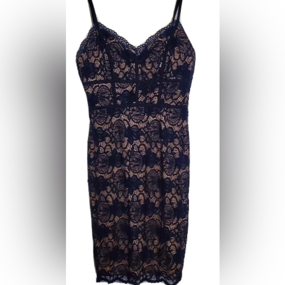 B Darlin Womens Size 1/2 Dress Navy Blue Lace Tan Fitted Bodice